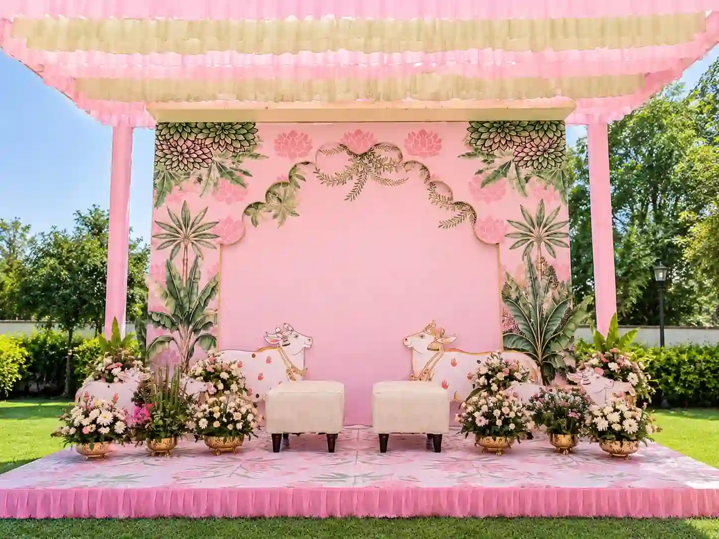 Pink Floral Traditional Haldi Ceremony Setup